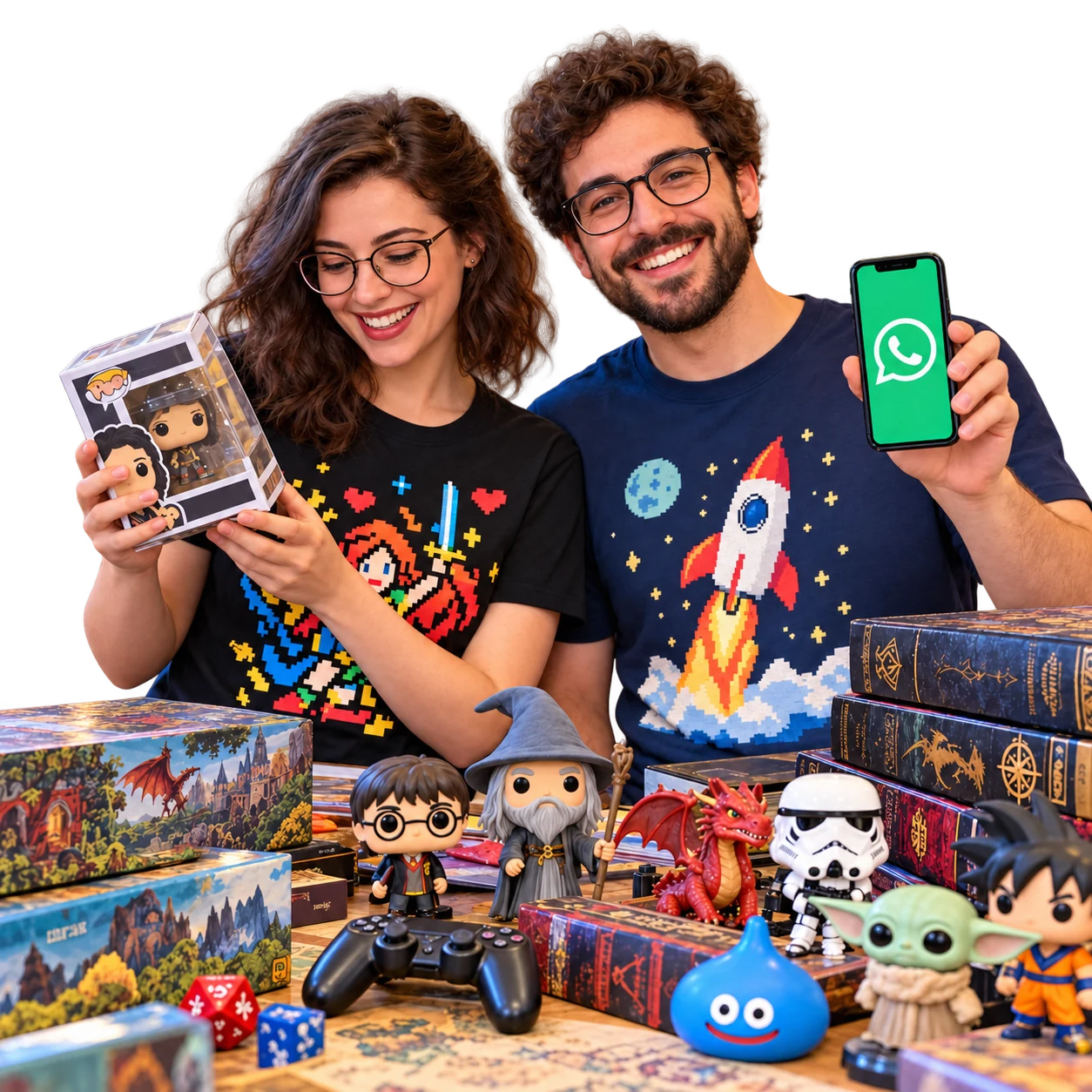 Casal nerd com colecionáveis e jogos; o homem mostra o WhatsApp na tela do celular